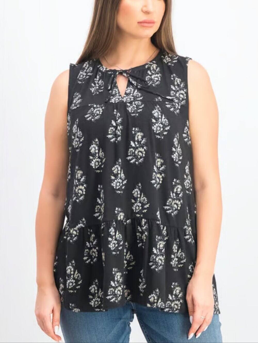 Lucky Brand Black White Tie Neck Sleeveless Tunic Size Large